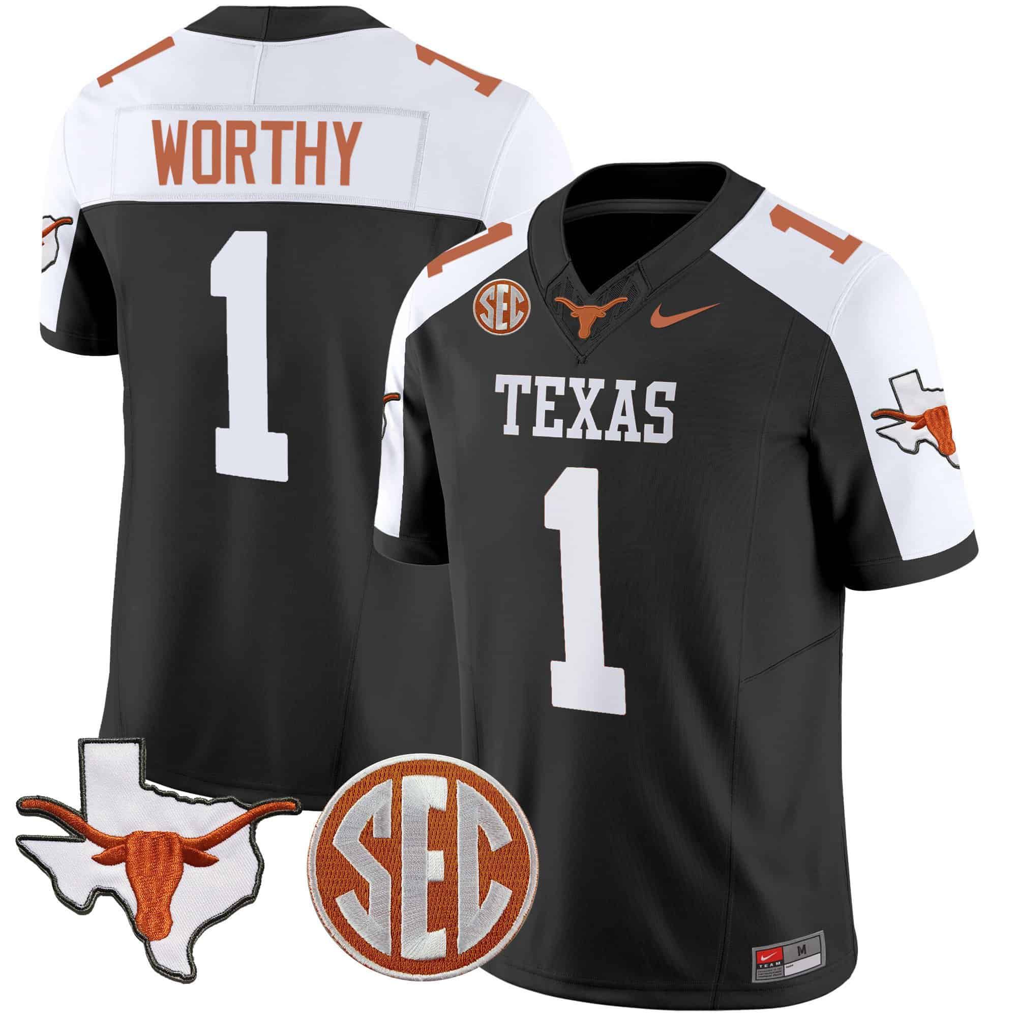 Men Texas Longhorns #1 Worthy Black 2024 Nike State Map & SEC Patch Vapor NCAA Jersey